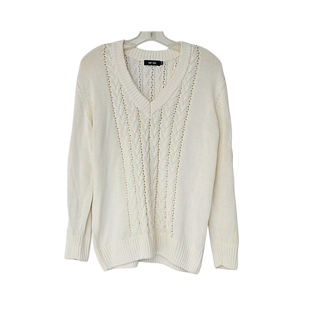 Saint + Sofia Partial Cable Knit V-Neck Sweater -… - image 1